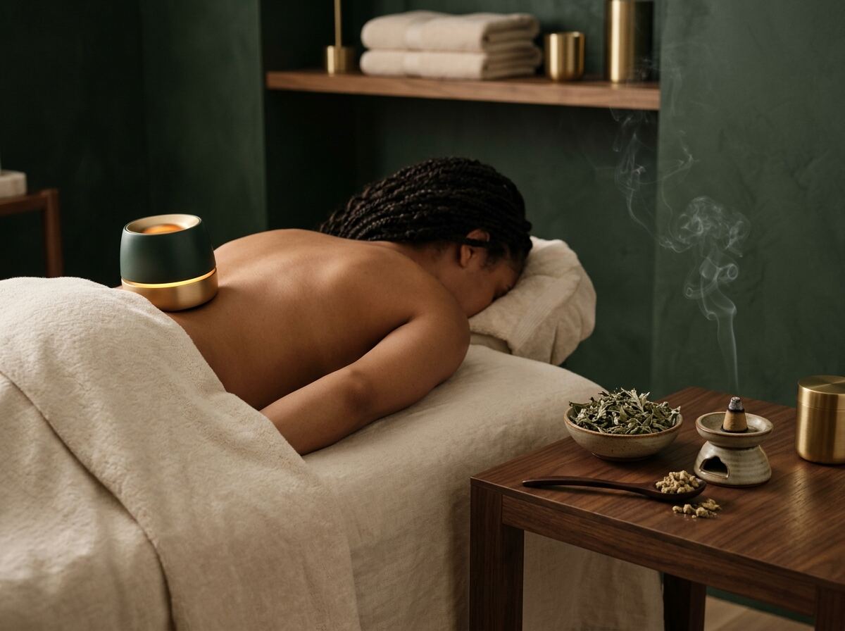 Body moxibustion herbal therapy with warm LED light at a La Habra spa