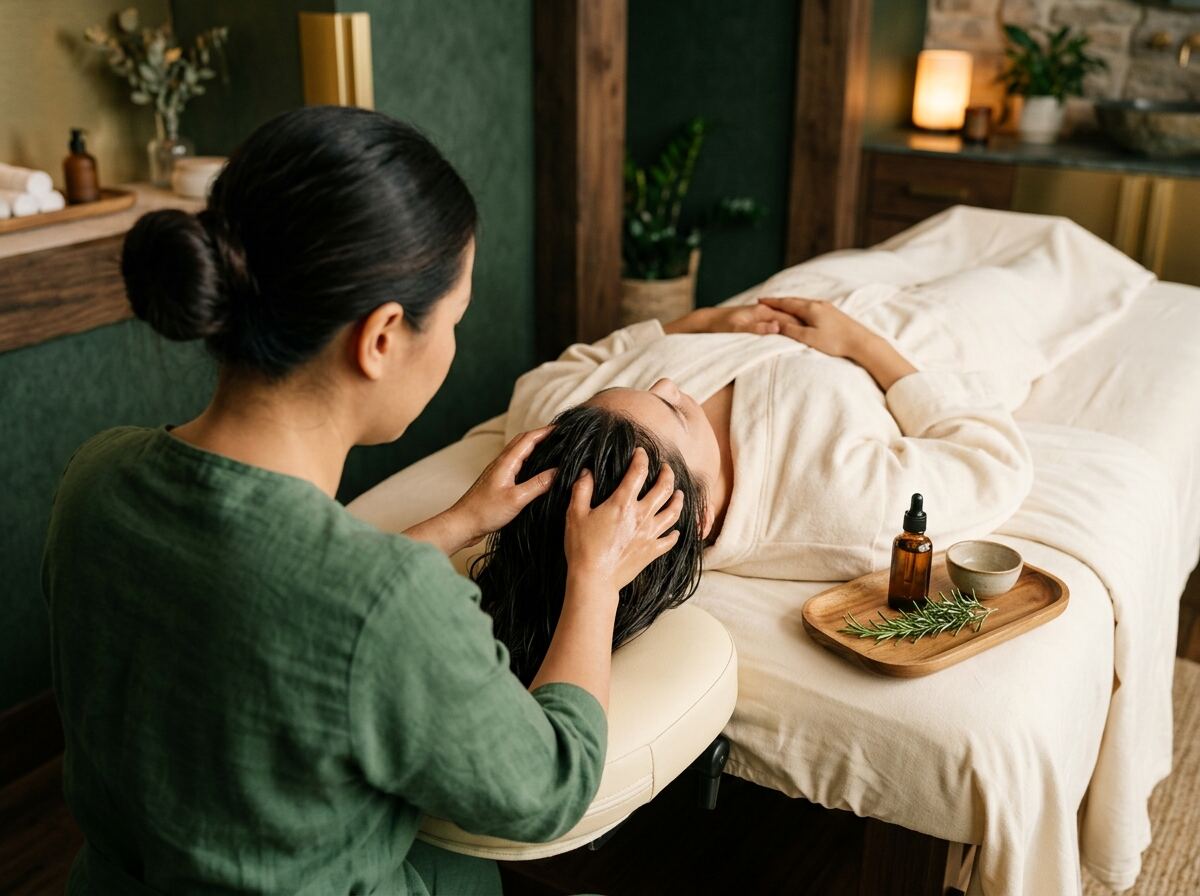 Essential oil scalp massage with rosemary at Serenity spa