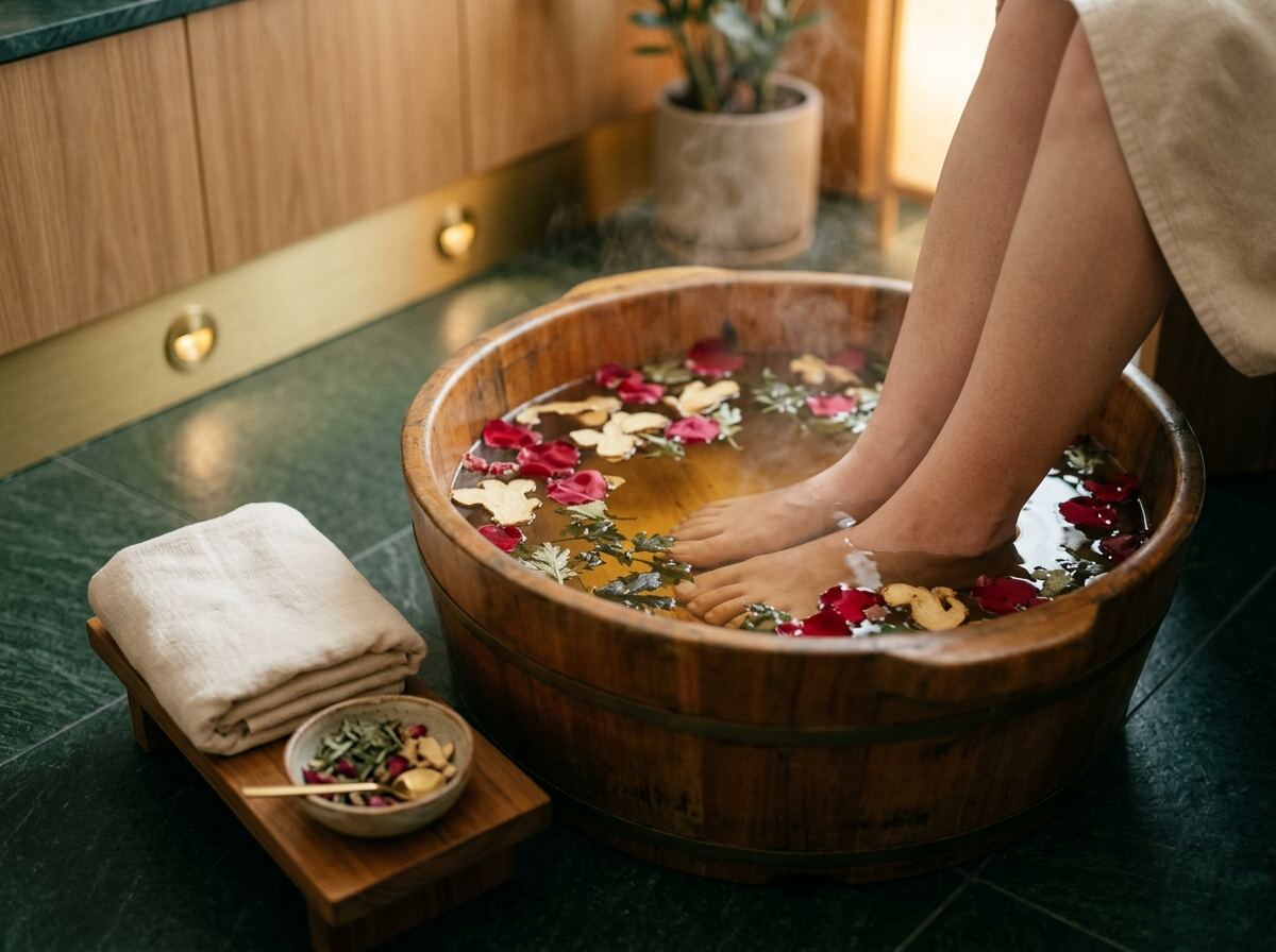 Herbal foot soak with rose petals and ginger in a wooden tub