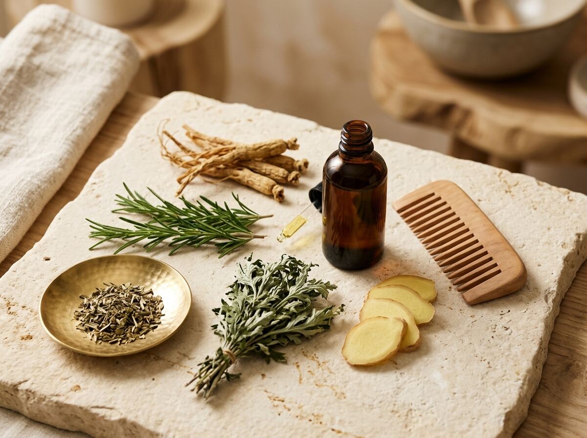 Herbal scalp care ingredients used at Serenity Scalp Wellness Spa in La Habra