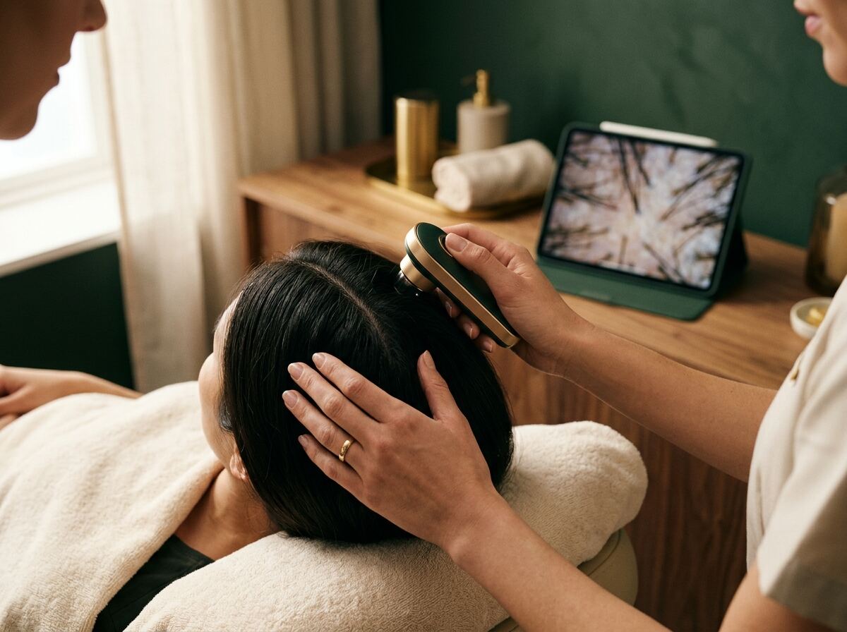 Therapist using a scalp analysis camera during a complimentary scalp exam in La Habra