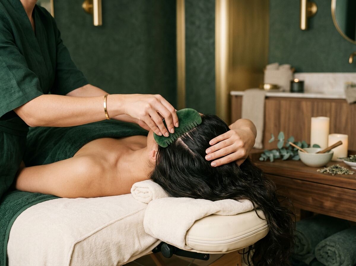 Jade scalp gua sha detox comb gliding through hair at a La Habra head spa