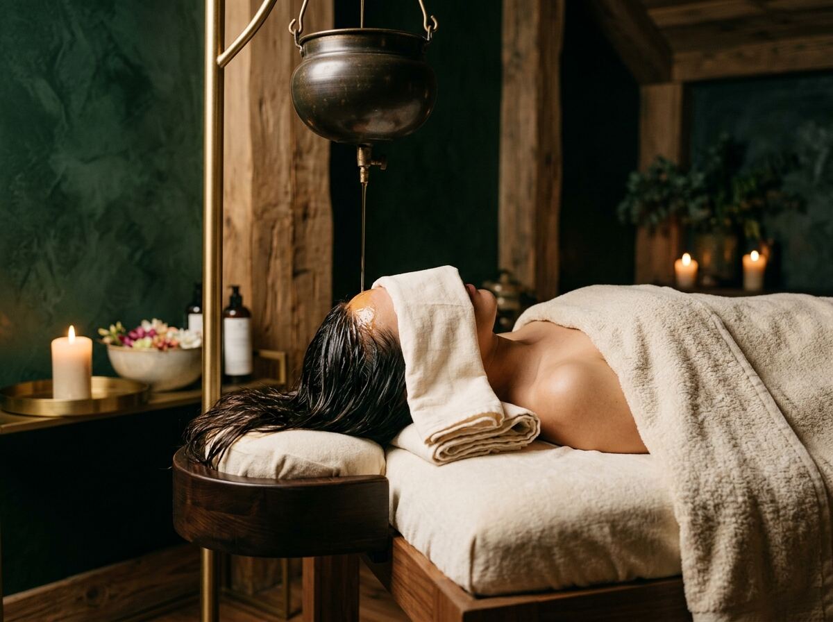 Shirodhara warm oil therapy add-on during a head spa in La Habra