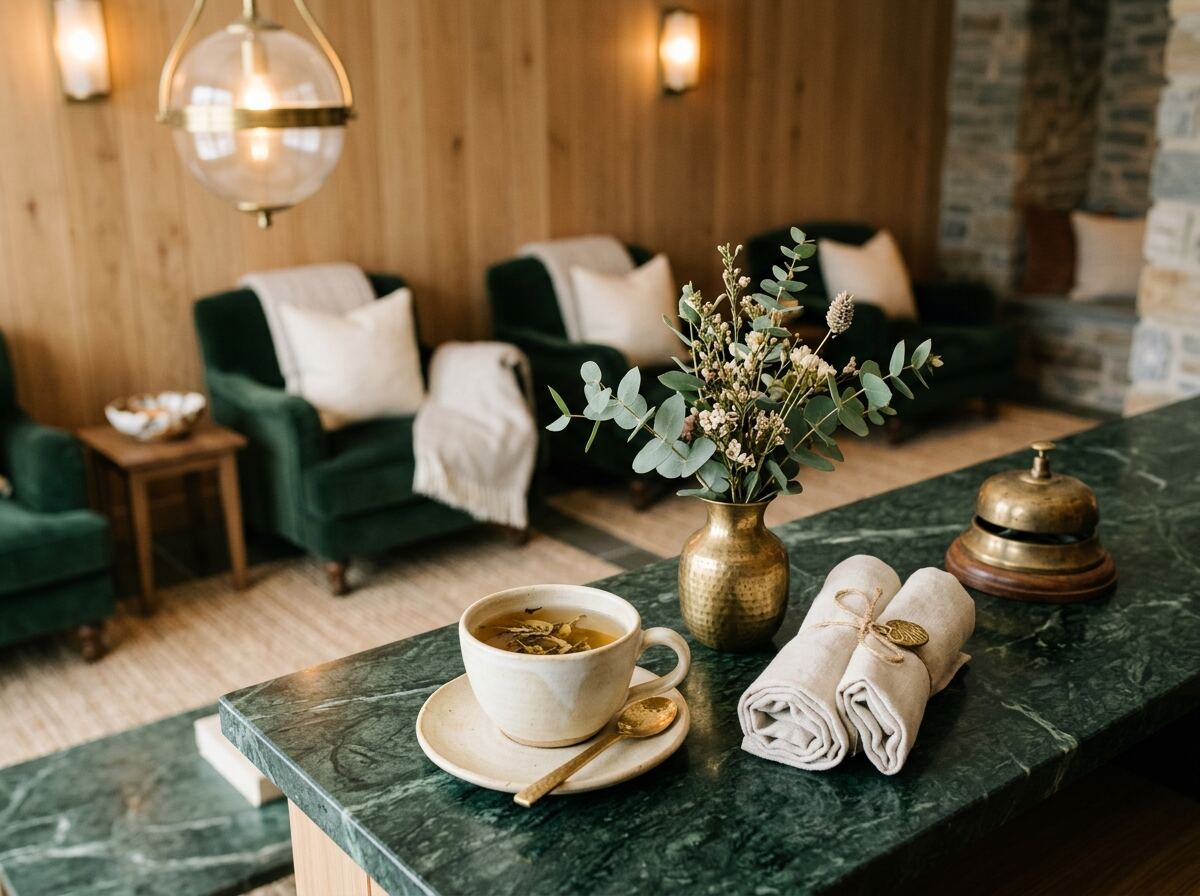 Herbal tea welcome at Serenity Scalp Wellness Spa reception in La Habra